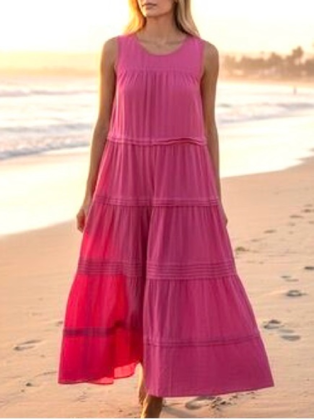 J. Jill Pleated-tiers Maxi Dress Size L Raspberry Crush Coastal Grandma NWT